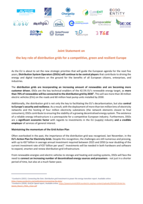 Joint Statement on the Key Role of Distribution Grids for a Competitive, Green and Resilient Europe